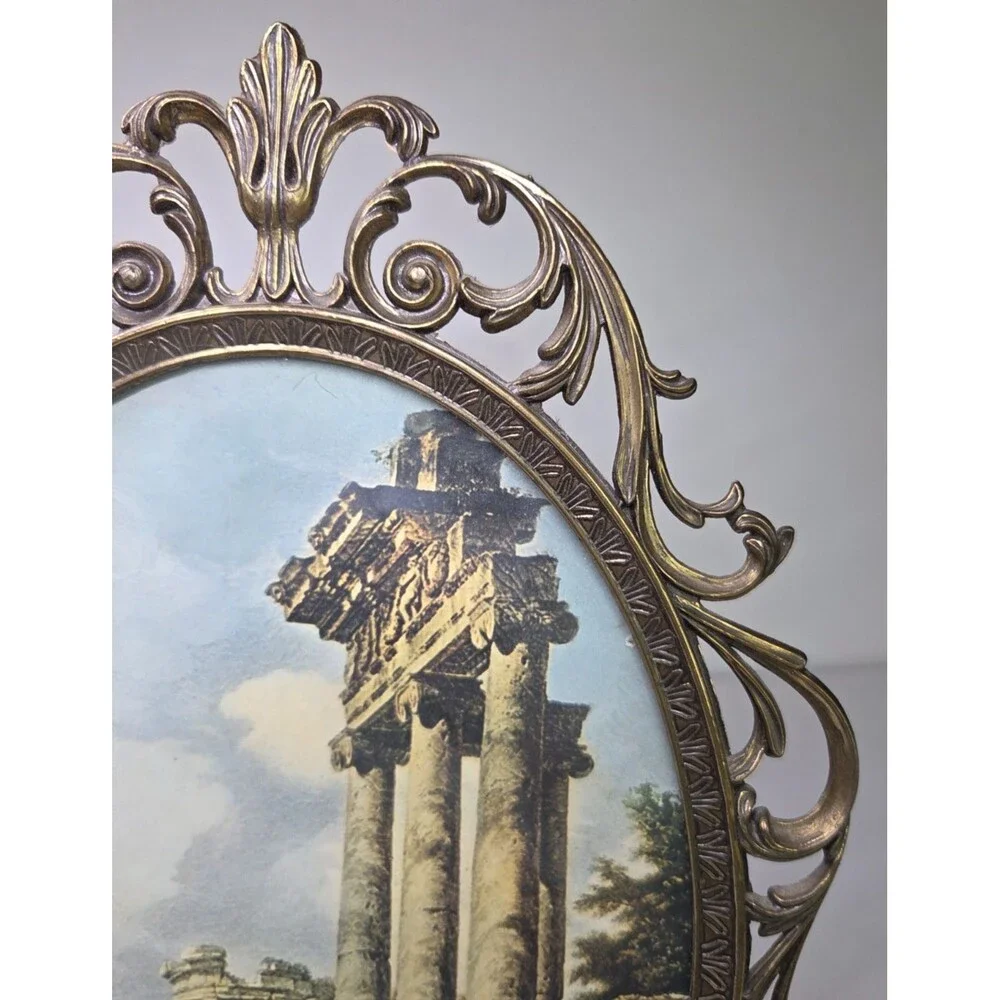 Vintage Italian Metal Oval Picture Frame Wall Hanging Brass Patina 12.5